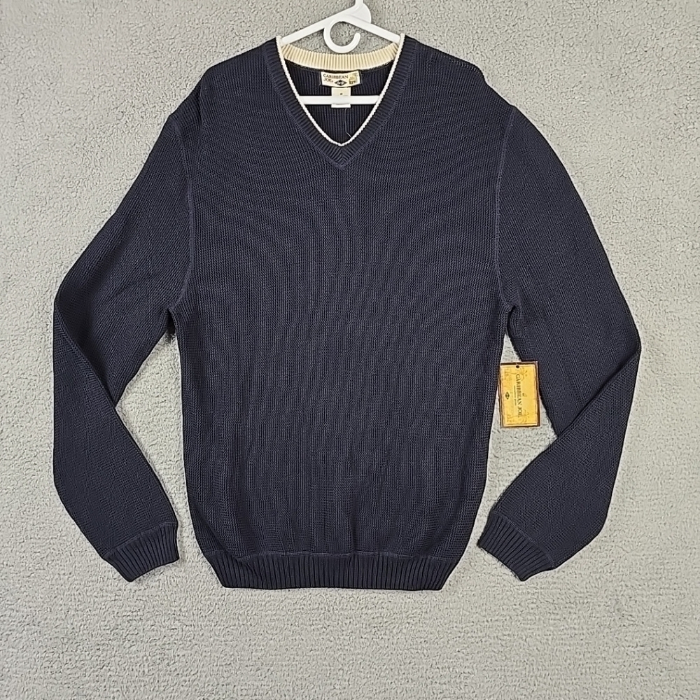 Vintage NEW Caribbean Joe Mens Size M Blue V-neck Sweater 100% Cotton